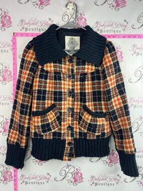 BB Dakota jacket coat y2k Navy, Orange & Cream Plaid Coat with Rib-Knit Collar